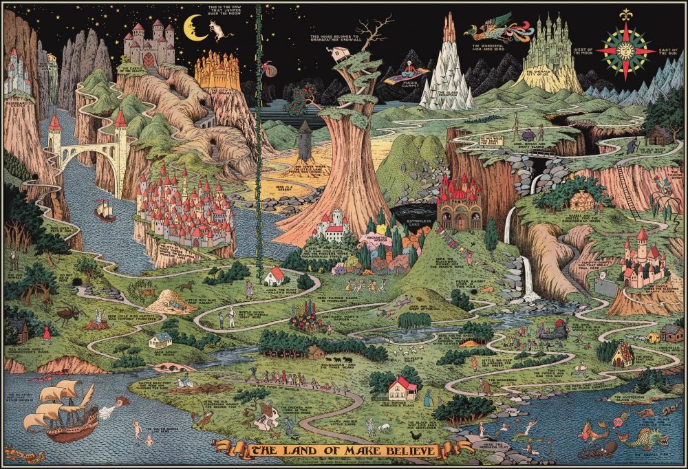An image showing a landscape from above. The landscape is populated with several characters from children's stories like Jack and Jill, Humpty Dumpty, and Little Red Riding Hood.